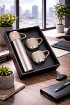 Garrafa Beje e Inox Térmica 500ml + 3 Xícaras Inox Kit Conjunto Café, Chá, Agua