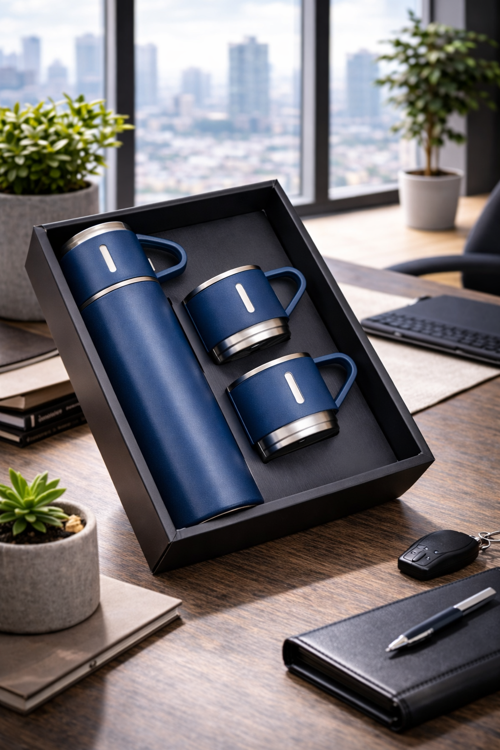 Garrafa Azul Térmica 500ml + 3 Xícaras Inox Kit Conjunto Café, Chá, Agua