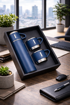 Garrafa Azul Térmica 500ml + 3 Xícaras Inox Kit Conjunto Café, Chá, Agua