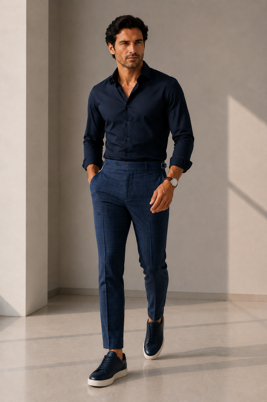 Calça Premium Alfaiataria com Ajuste Lateral - Azul Marinho Xadrez