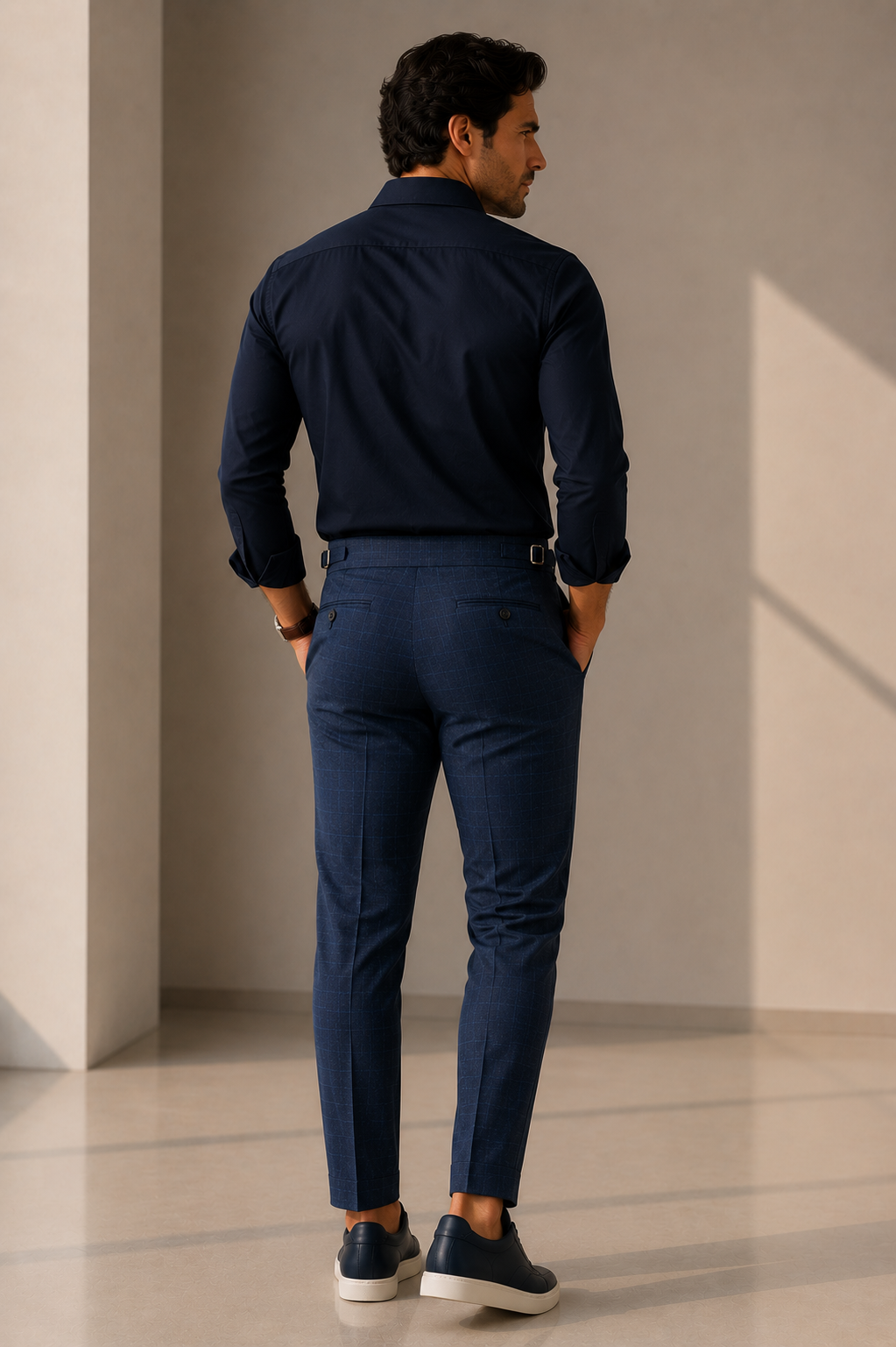 Calça Premium Alfaiataria com Ajuste Lateral - Azul Marinho Xadrez