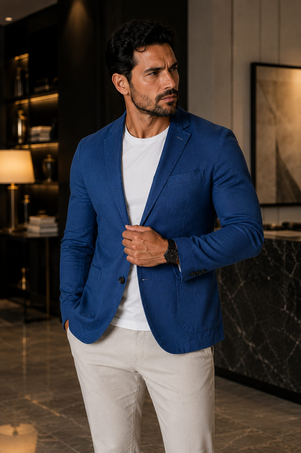 Blazer Masculino Slim Sarja com Elastano - Azul Petróleo
