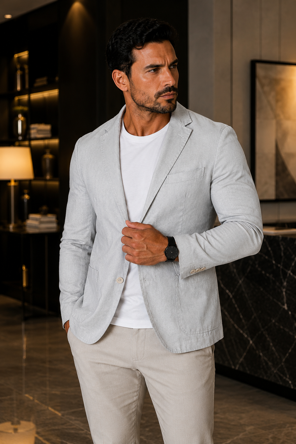 Blazer Masculino Slim Sarja com Elastano - Branco Gelo