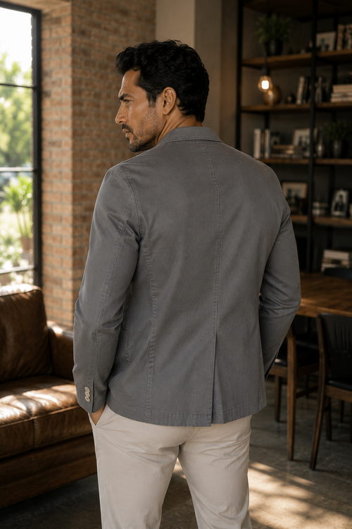 Blazer Masculino Slim Sarja com Elastano - Cinza Claro