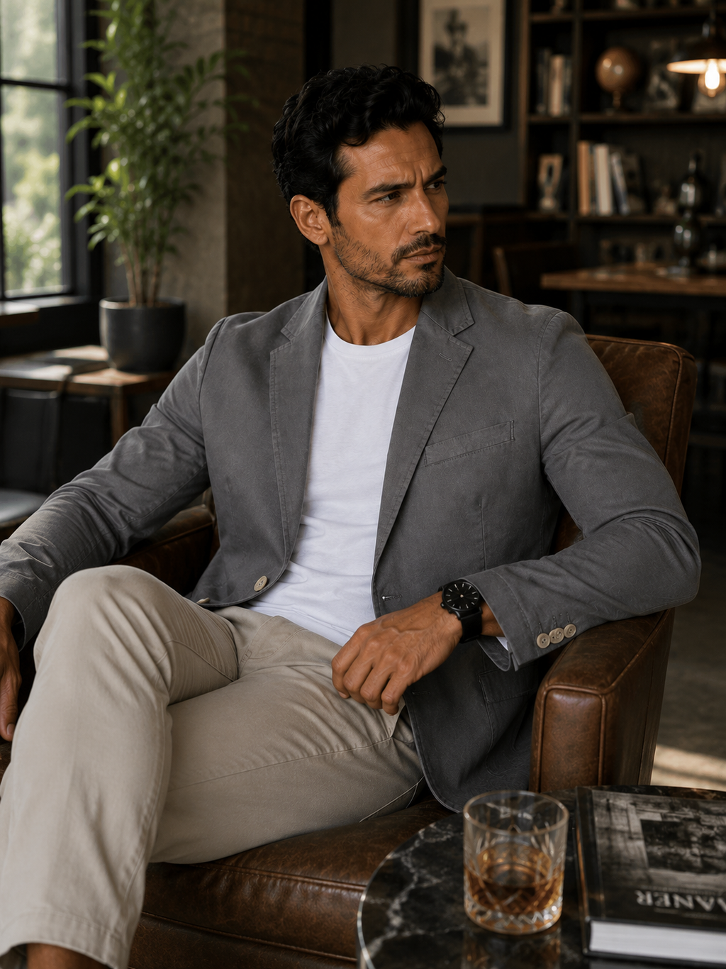 Blazer Masculino Slim Sarja com Elastano - Cinza Claro