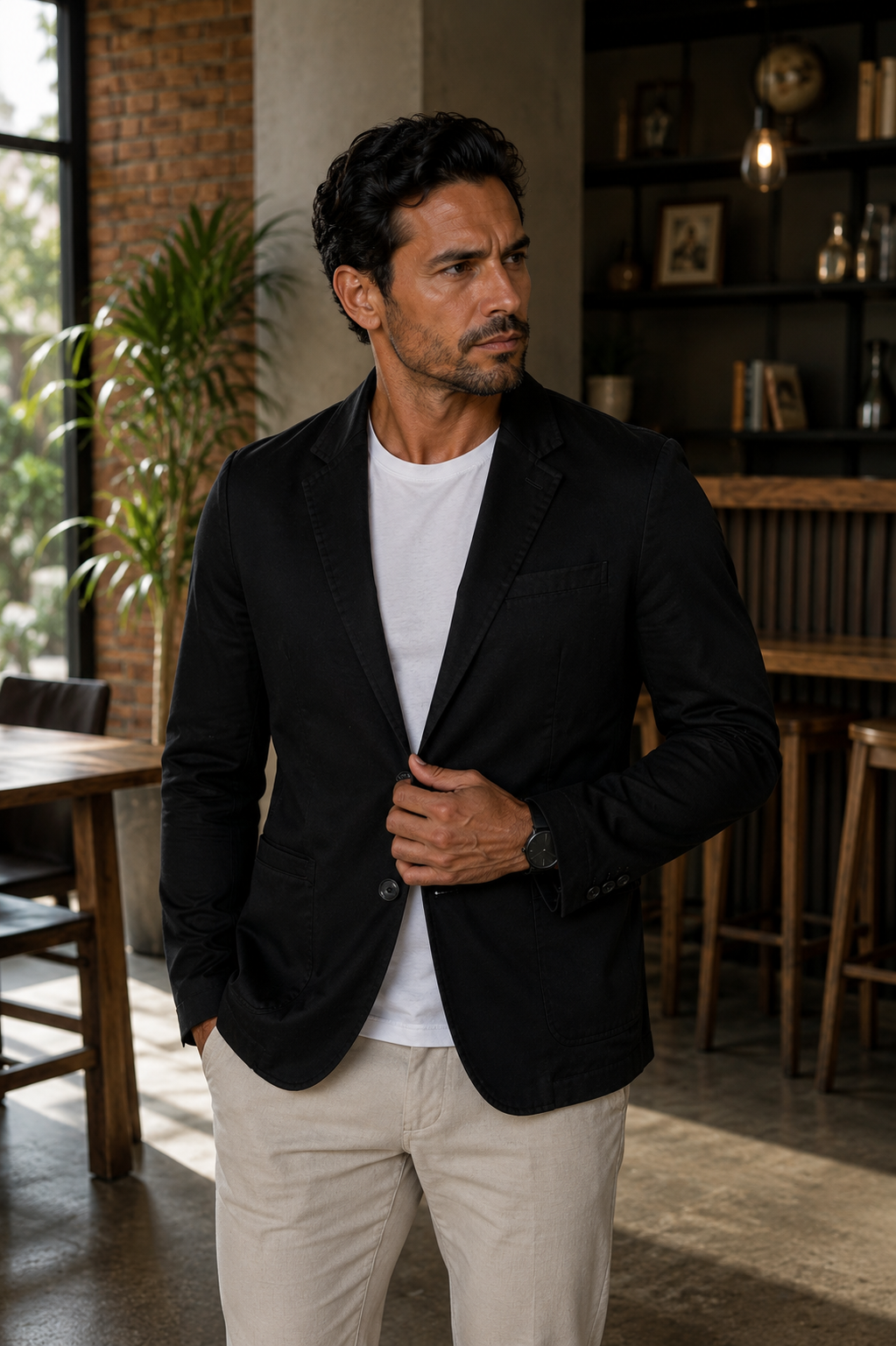 Blazer Masculino Slim Sarja com Elastano - Preto