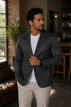 Blazer Masculino Slim Sarja com Elastano - Cinza Chumbo