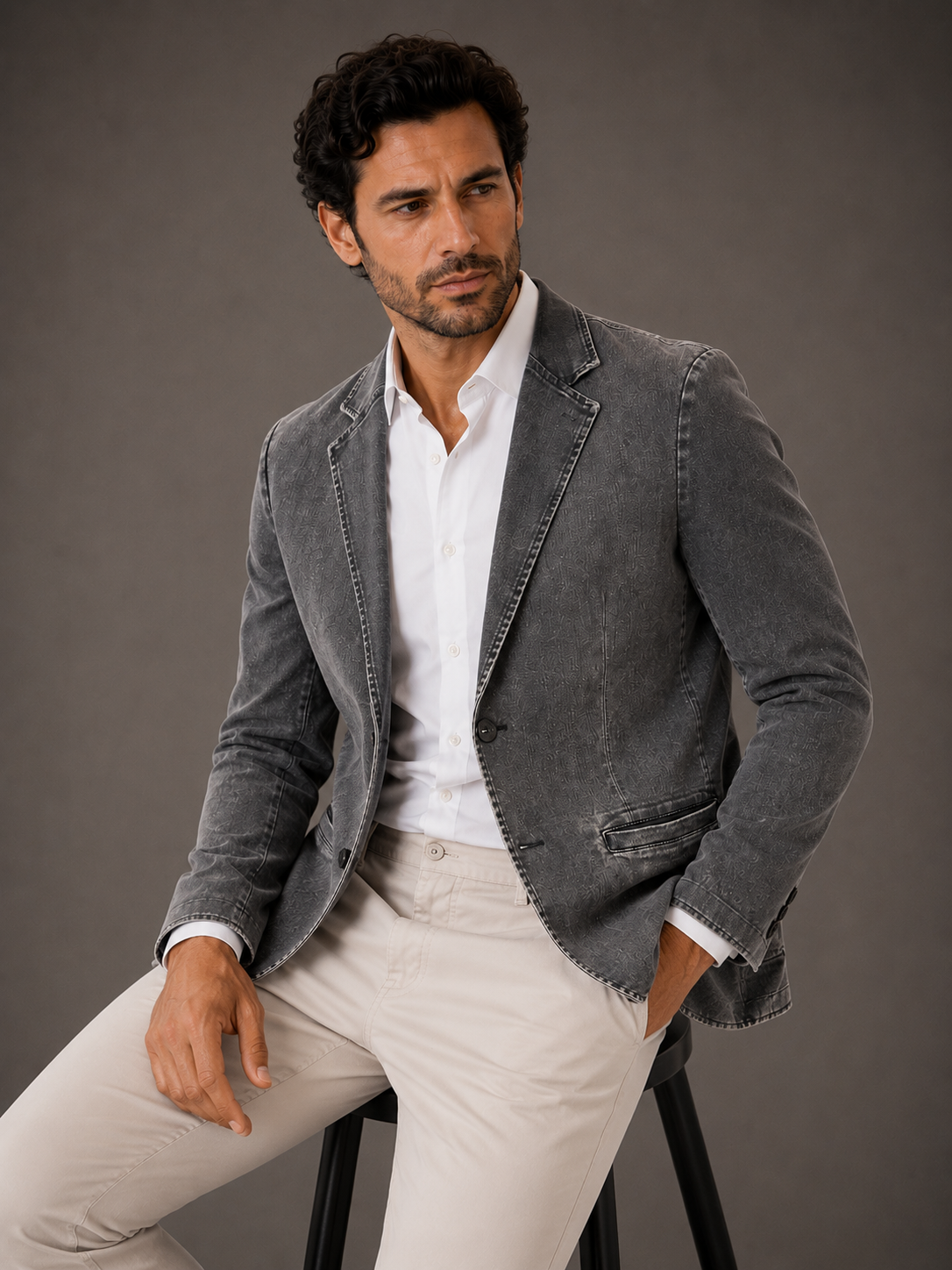Blazer Premium Masculino Slim Sarja com Elastano - Cinza Jeans
