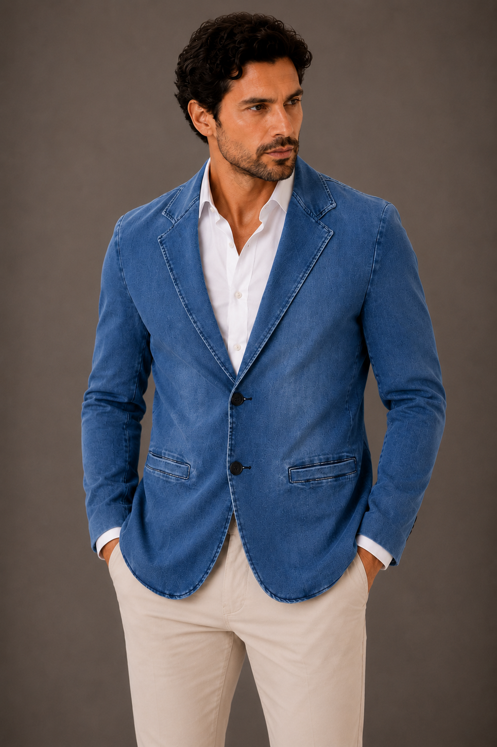Blazer Premium Masculino Slim Sarja com Elastano - Azul Jeans