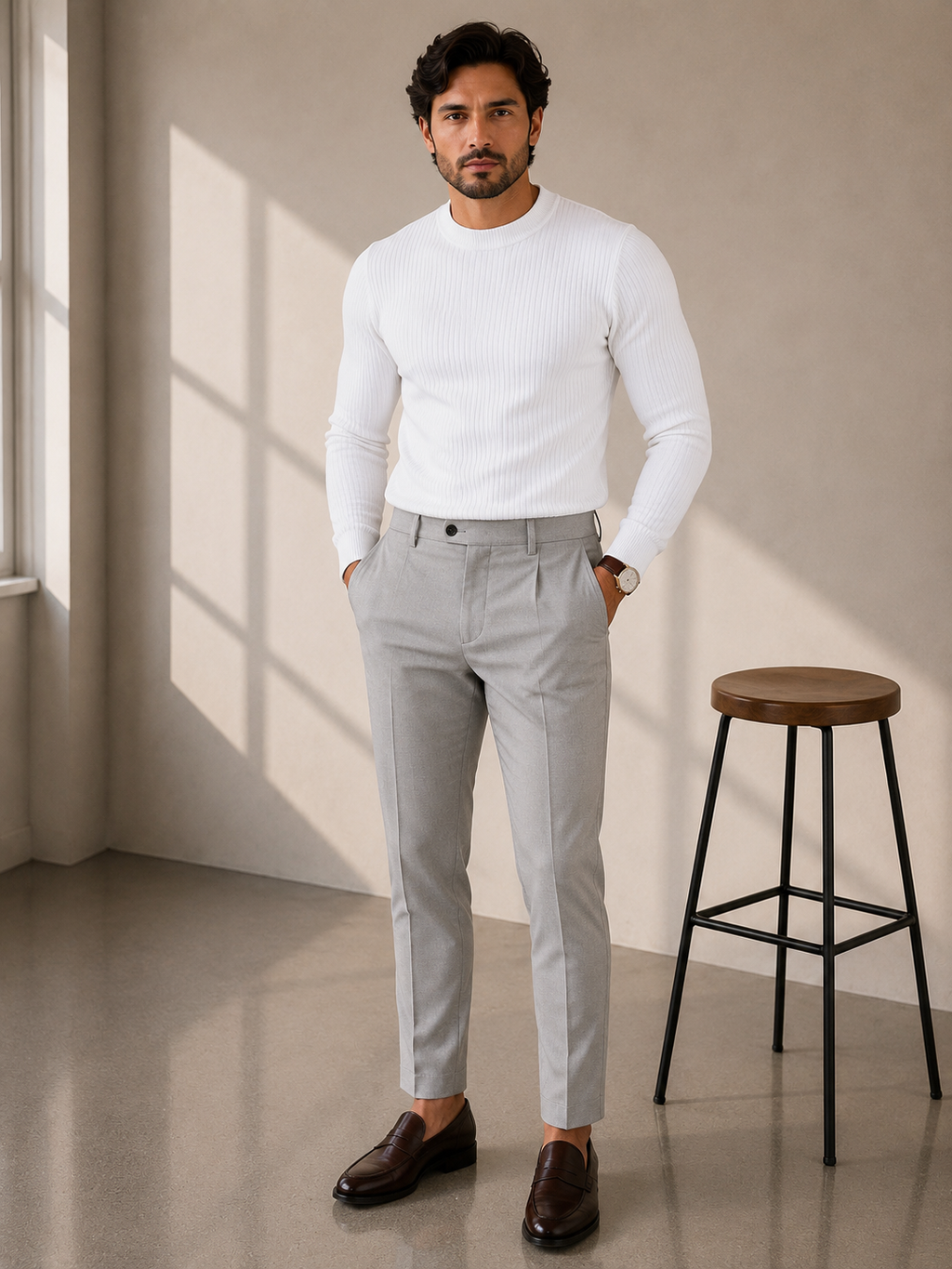 Camisa Canelada manga longa gola média - Branca