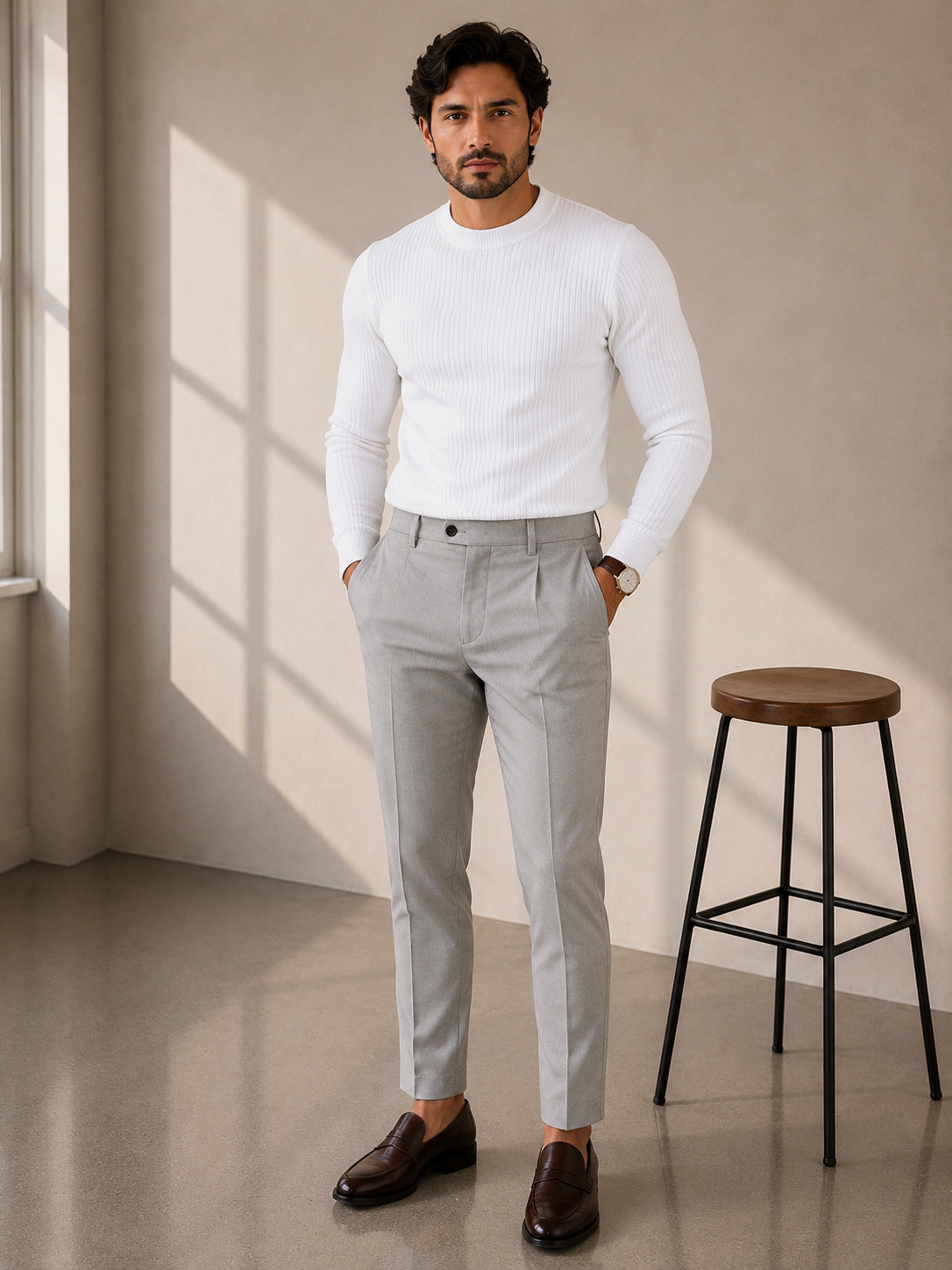 Camisa Canelada manga longa gola média - Branca