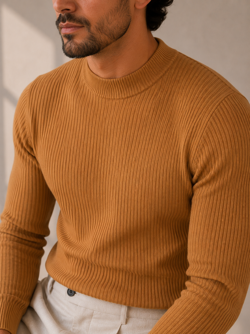 Camisa Canelada manga longa gola média - Caramelo