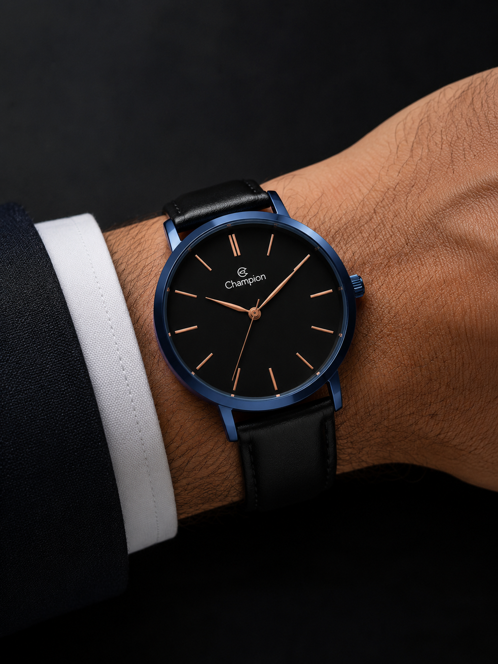 Relógio Champion Preto com Azul com pulseira de couro genuíno