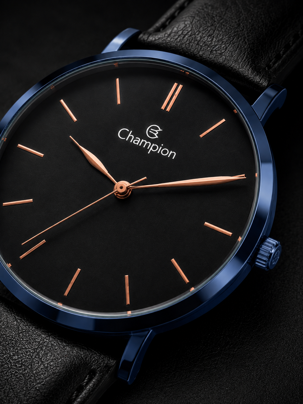 Relógio Champion Preto com Azul com pulseira de couro genuíno