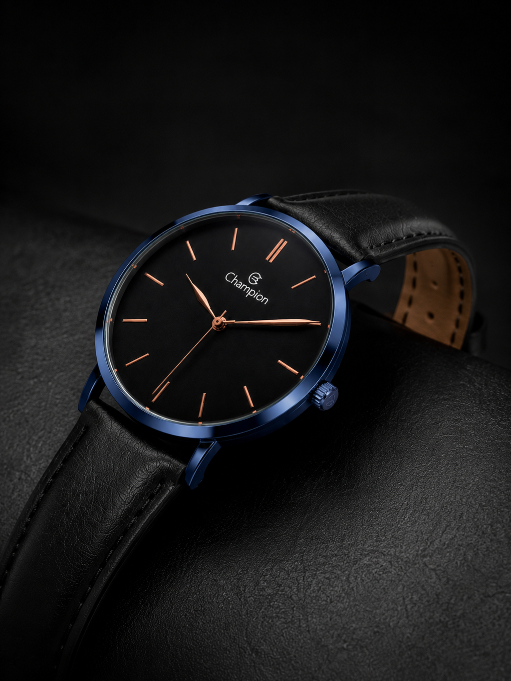 Relógio Champion Preto com Azul com pulseira de couro genuíno