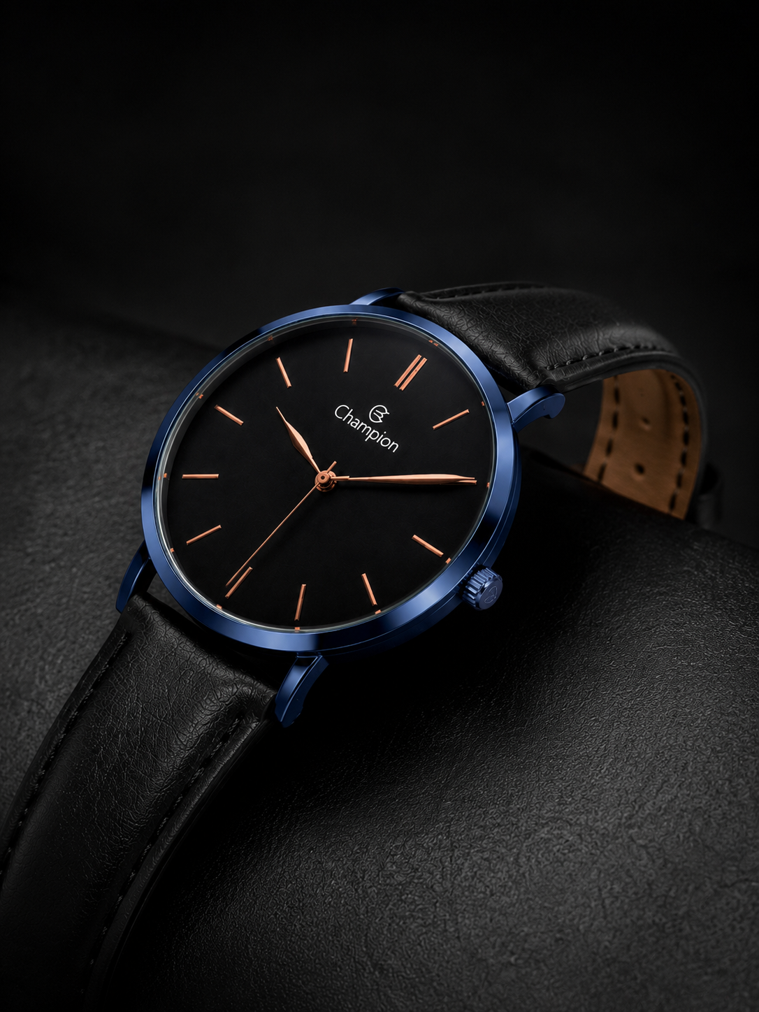 Relógio Champion Preto com Azul com pulseira de couro genuíno