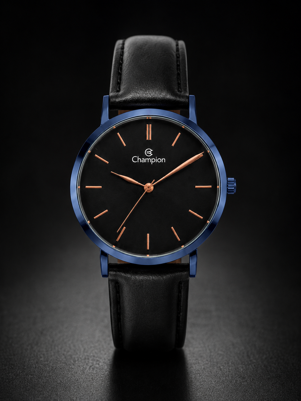 Relógio Champion Preto com Azul com pulseira de couro genuíno