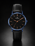 Relógio Champion Preto com Azul com pulseira de couro genuíno