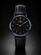 Relógio Champion Preto com Azul com pulseira de couro genuíno