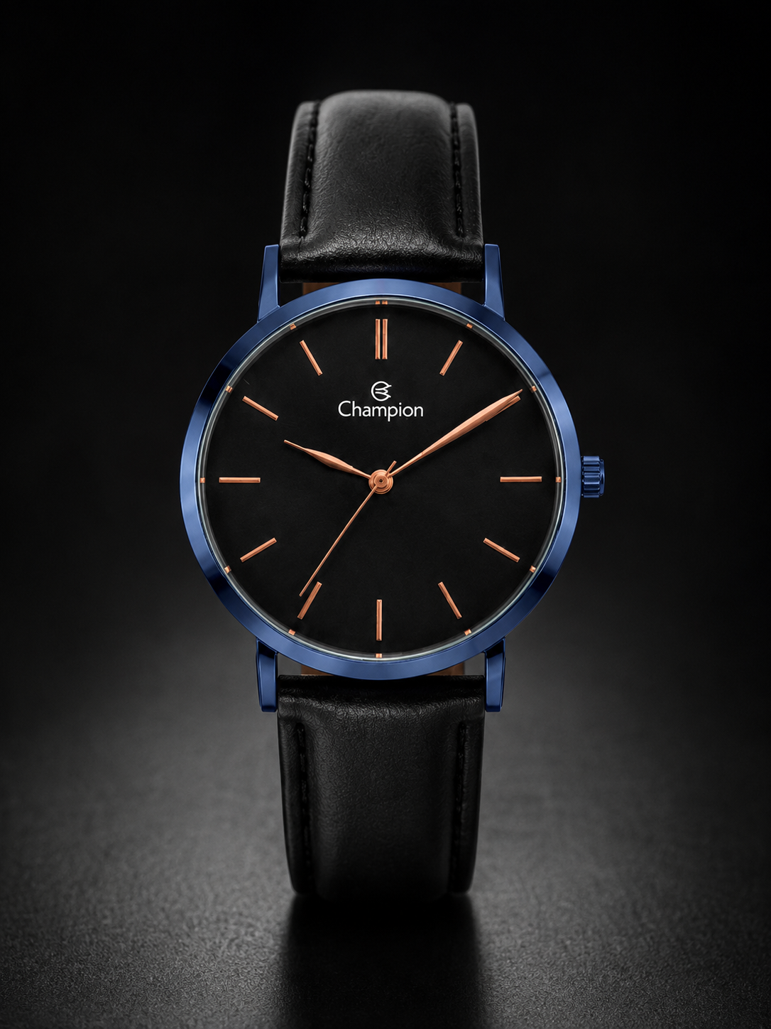Relógio Champion Preto com Azul com pulseira de couro genuíno
