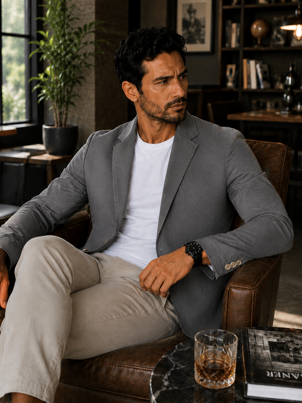 Blazer Masculino Slim Sarja com Elastano - Cinza Claro