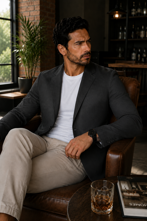 Blazer Masculino Slim Sarja com Elastano - Cinza Chumbo