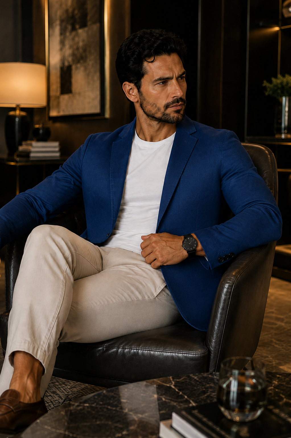Blazer Masculino Slim Sarja com Elastano - Azul Petróleo