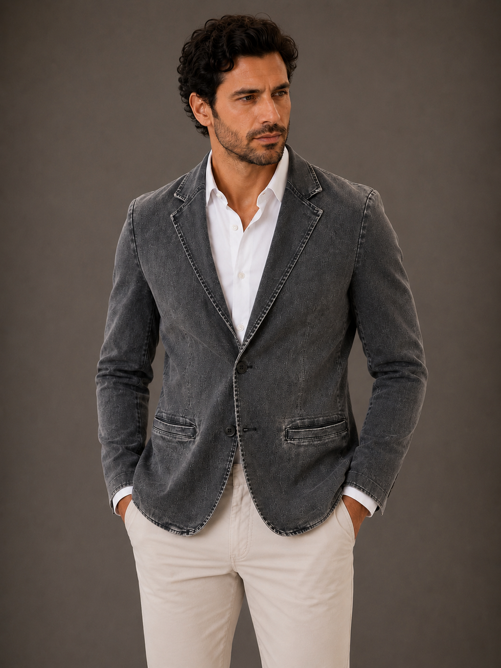 Blazer Premium Masculino Slim Sarja com Elastano - Cinza Jeans