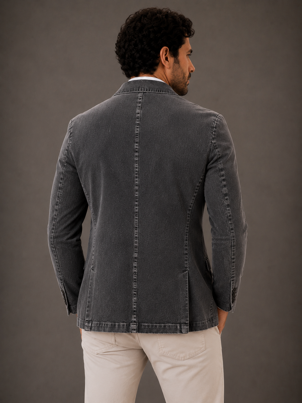 Blazer Premium Masculino Slim Sarja com Elastano - Cinza Jeans