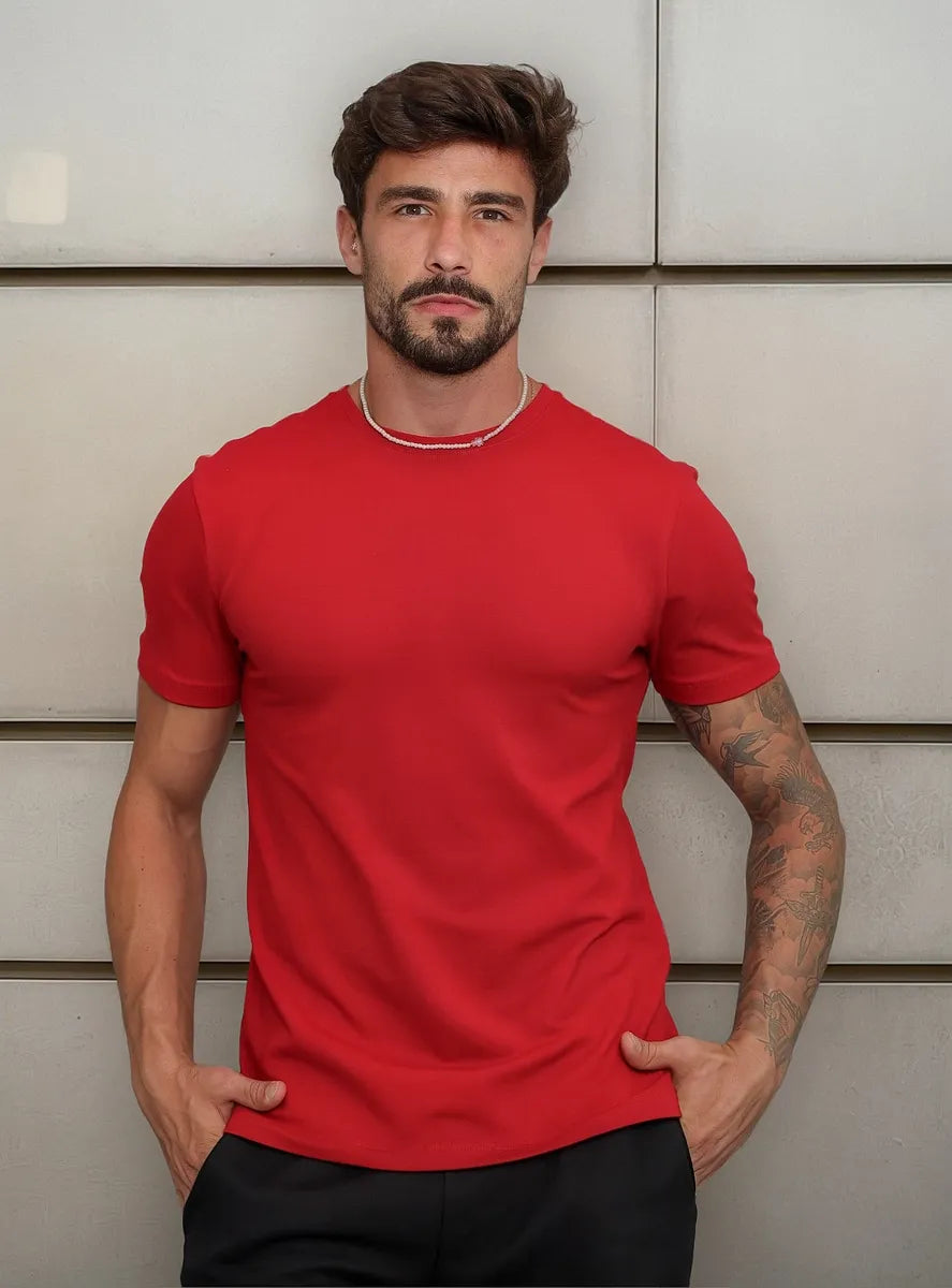 Camiseta Básica Algodão Malha Peruana - Vermelho