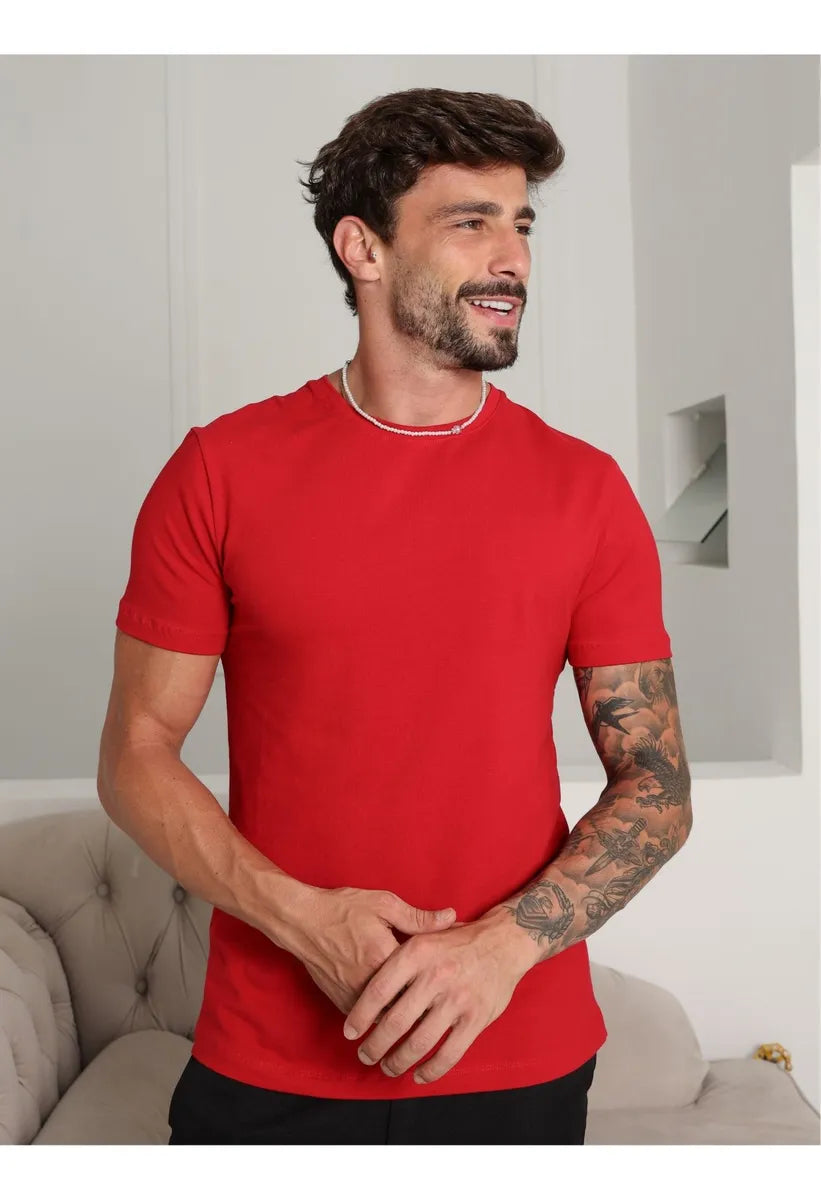 Camiseta Básica Algodão Malha Peruana - Vermelho