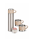 Garrafa Beje e Inox Térmica 500ml + 3 Xícaras Inox Kit Conjunto Café, Chá, Agua