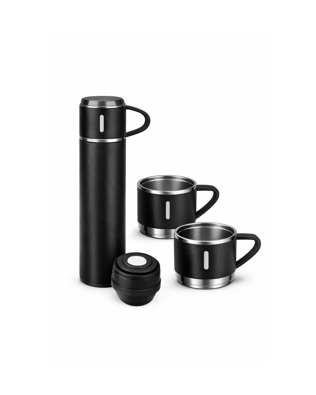 Garrafa Preta Térmica 500ml + 3 Xícaras Inox Kit Conjunto Café, Chá, Agua