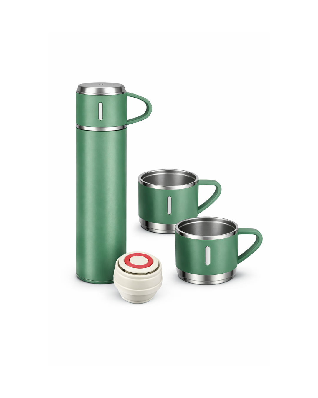 Garrafa Verde Térmica 500ml + 3 Xícaras Inox Kit Conjunto Café, Chá, Agua